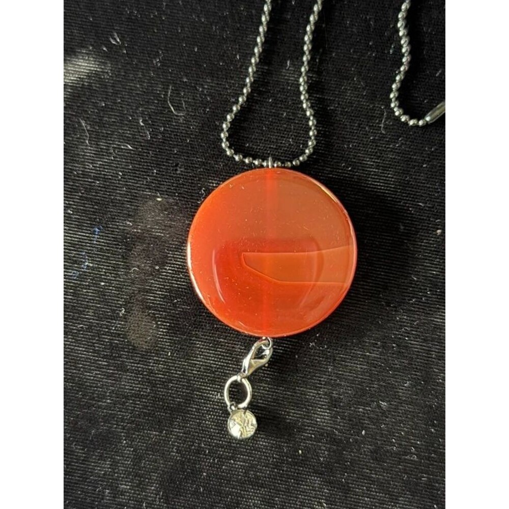Orange Disc Pendant Necklace, Black Ball Chain, 15"